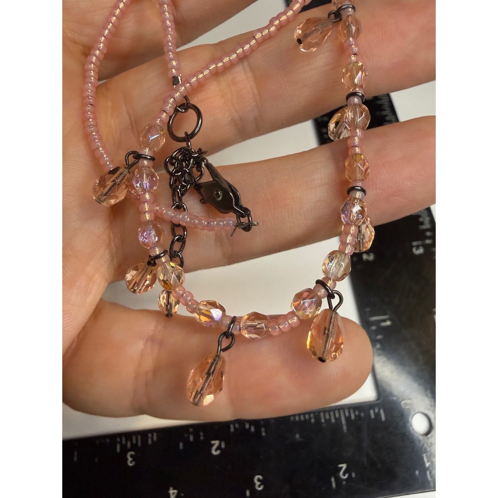 Pink Seed Bead Dangle Choker Necklace Peach Iridescent Glass Teardrop Gunmetal